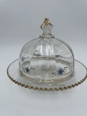 Vintage Glass Dome Butter Dish Hand Painted Blue Flowers Gold Trim
